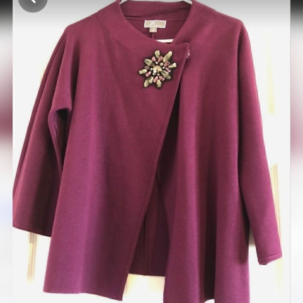 Jm Collection Purple Assymetrical Broached 3/4 Sleeve Sweater